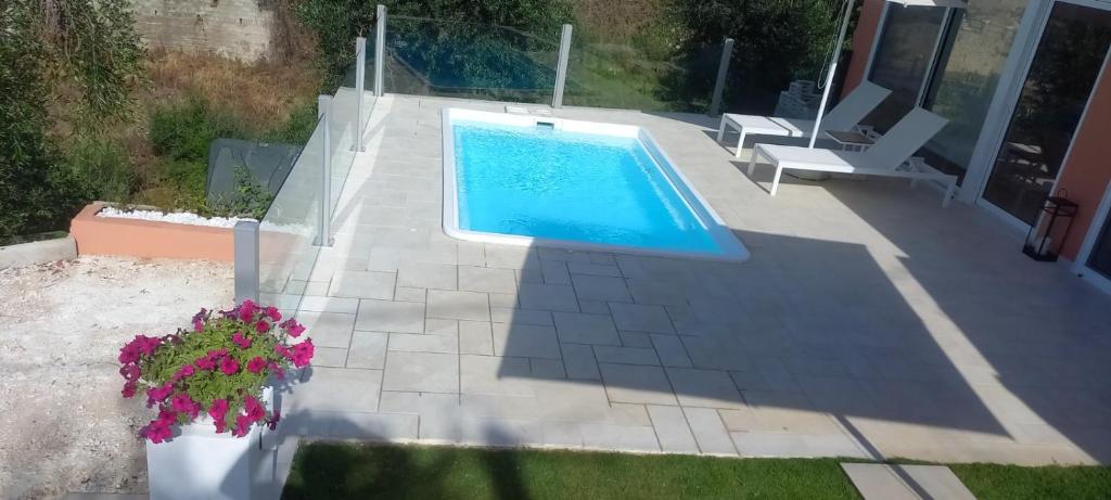 Pool and surrounding terrace viewed from above.
