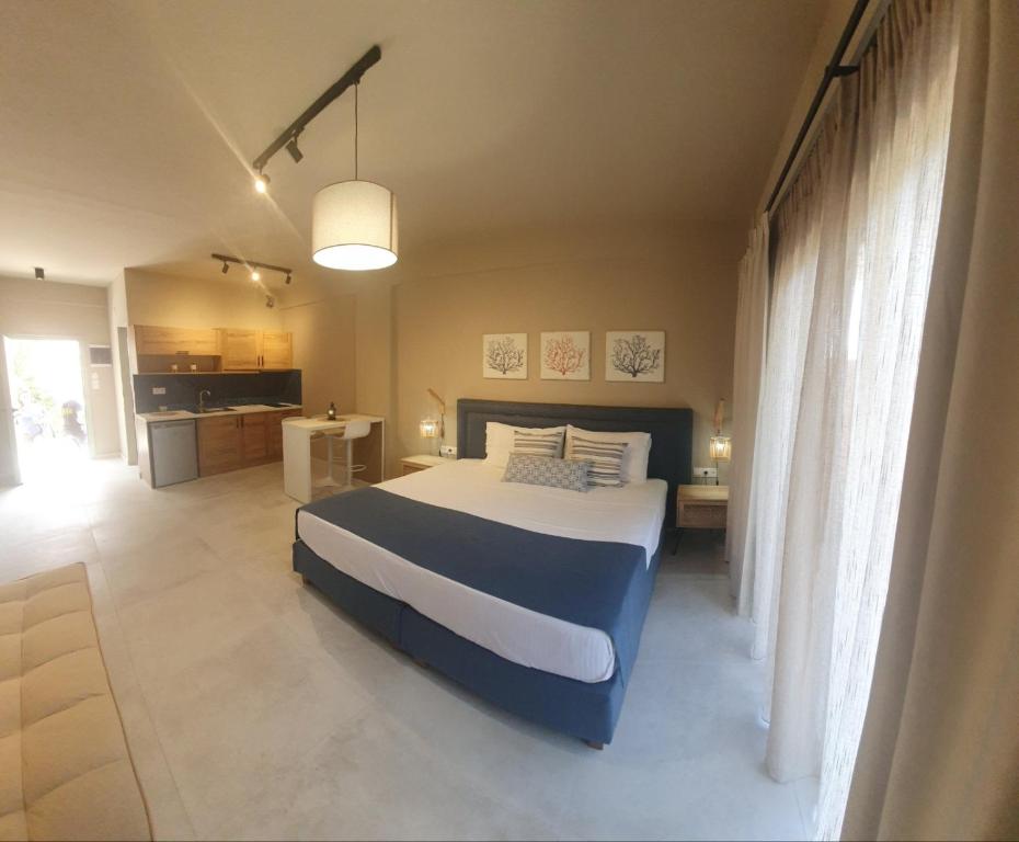 Open-plan bedroom and kitchenette view.