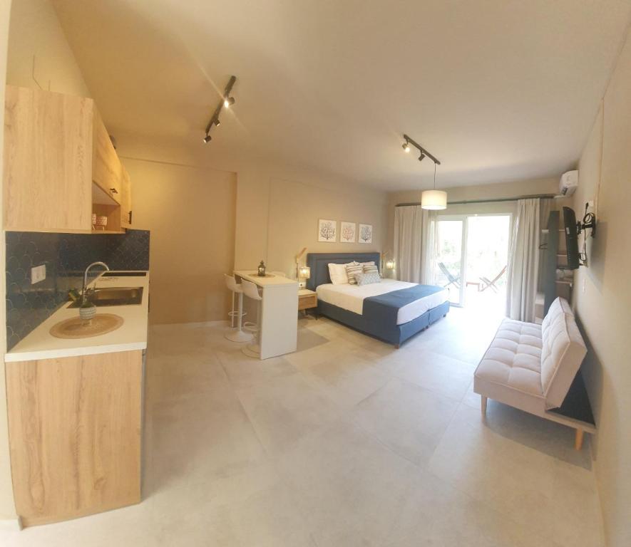 Studio interior with kitchen/living perspective.